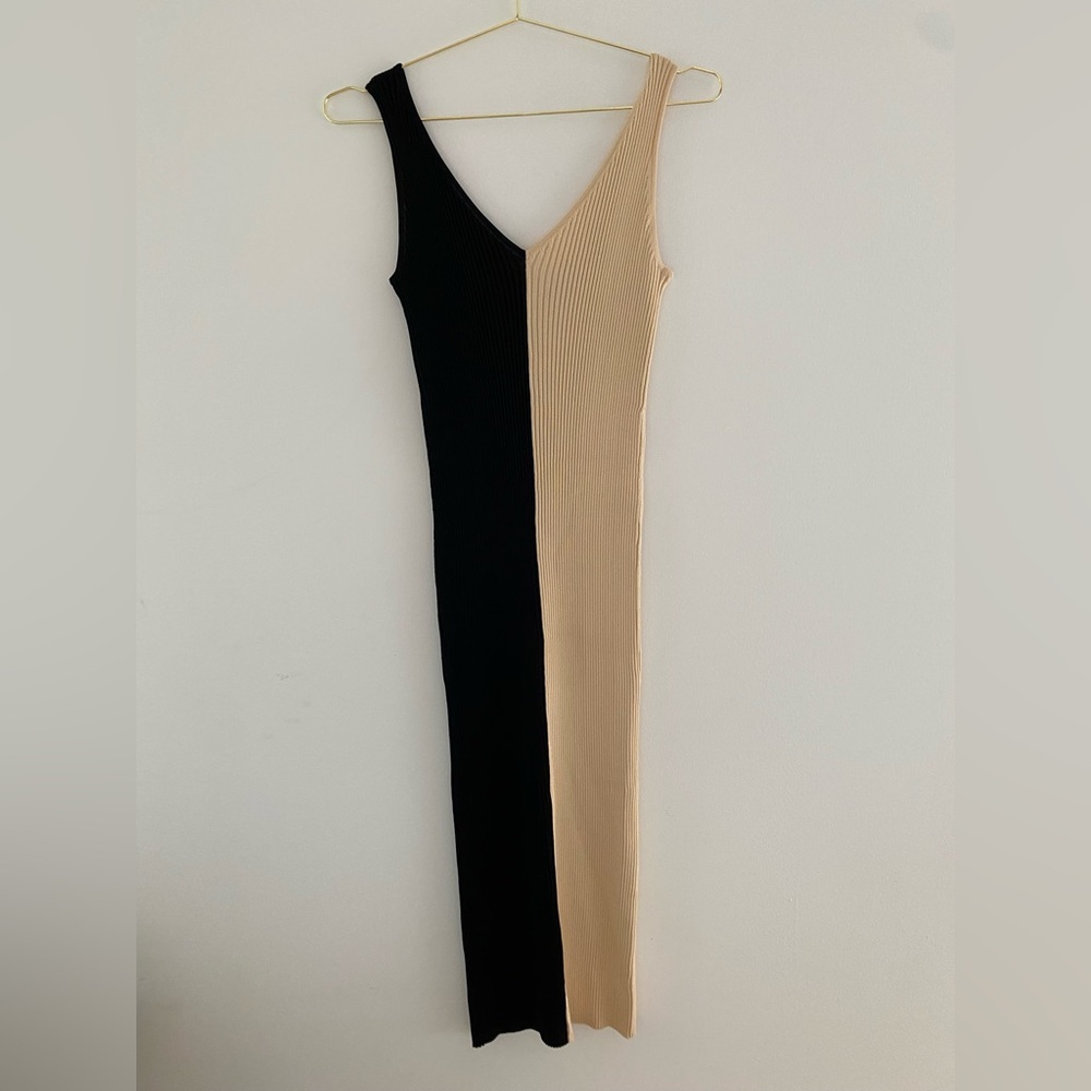 Staud‎ Ribbed MIDI  Black and Tan Colorblock Dress size medium